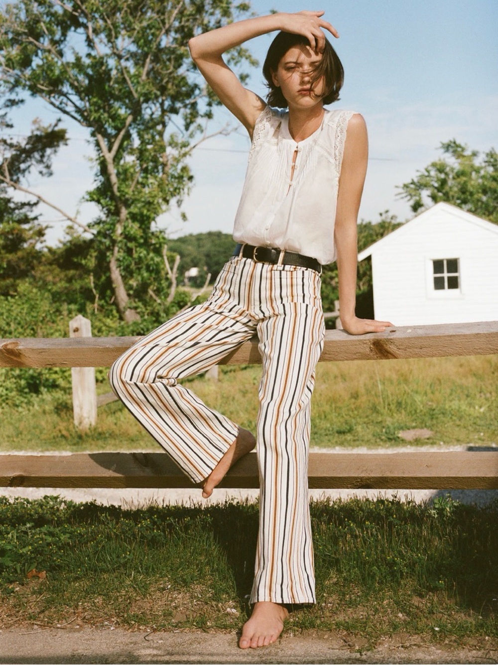 NWT Madewell The Emmy Wide-Leg Pants in Navy Blue, Brown, & Tan Canvas Stripe